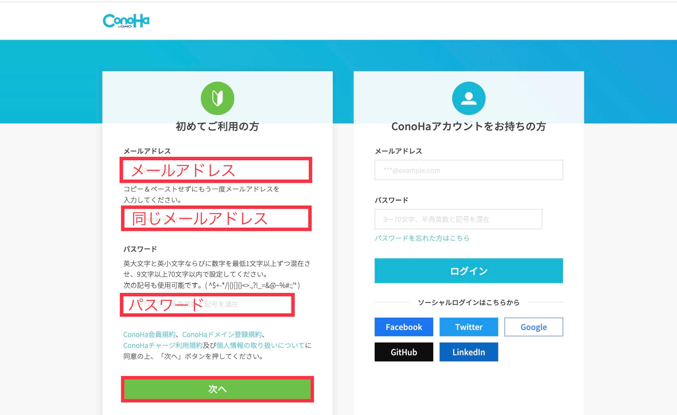 「初めてご利用の方」欄に